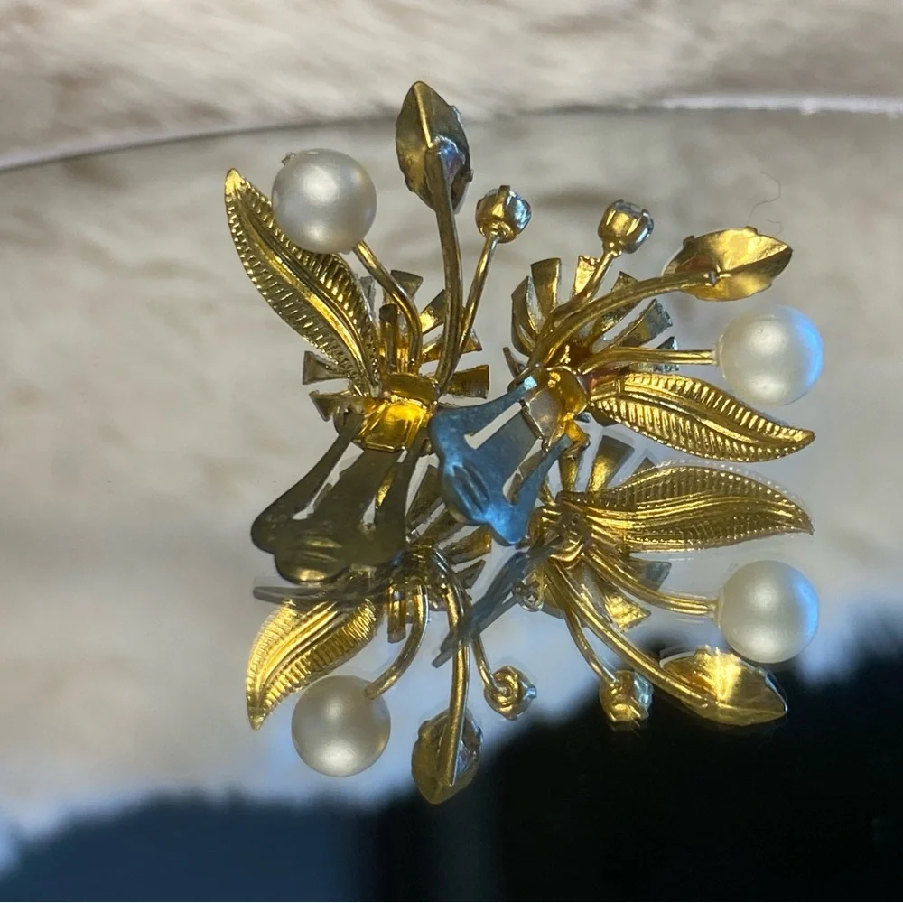 Vintage Austria Gold Tone Clip-on Earrings with Faux Pearl & AB Crystals.